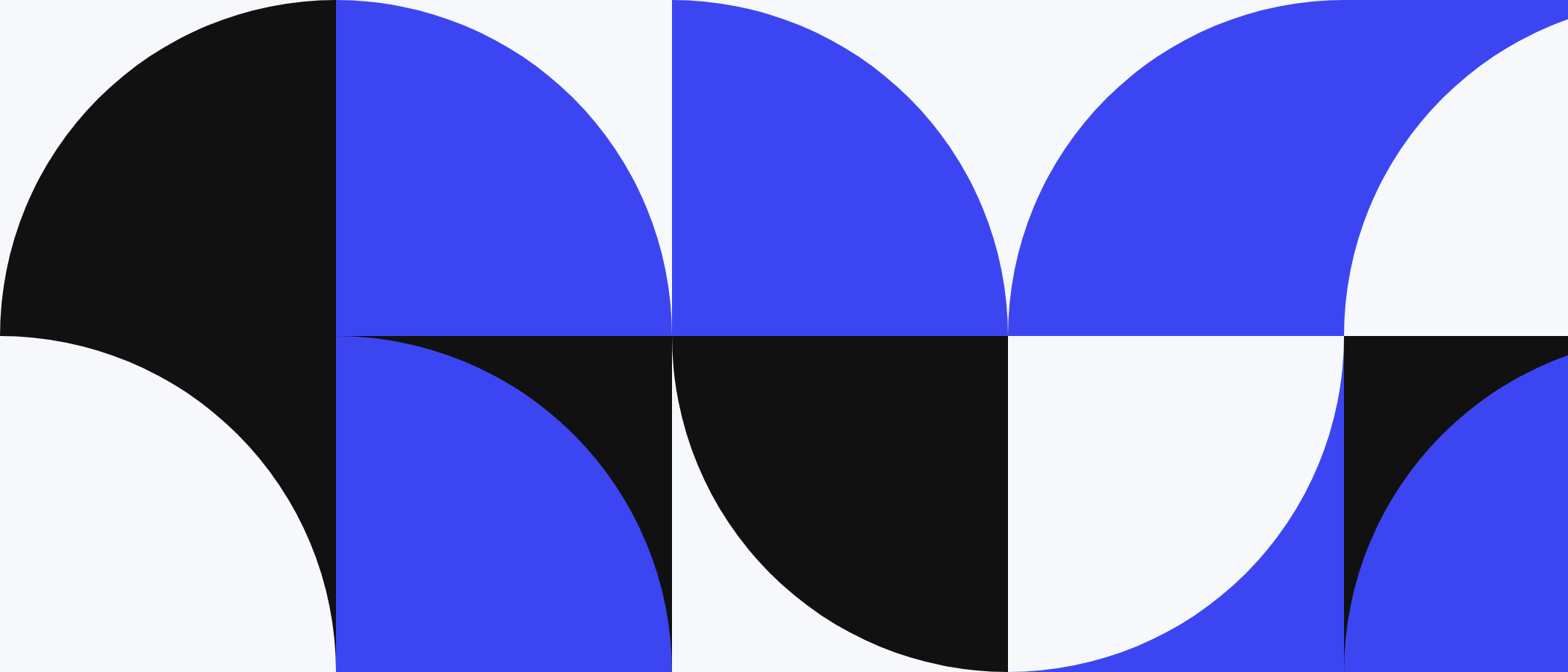 Abstract artwork: square tiles with quarter circles in blue, black and white.