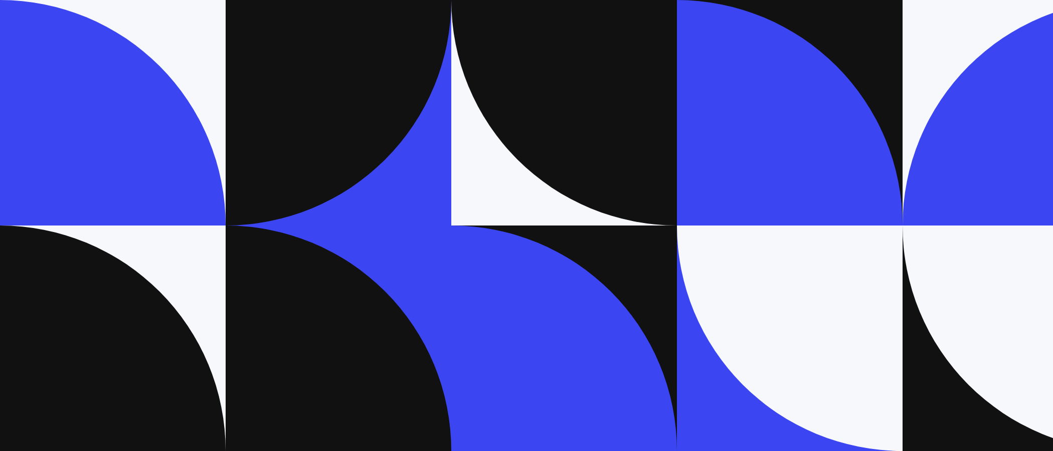 Abstract artwork: square tiles with quarter circles in blue, black and white.