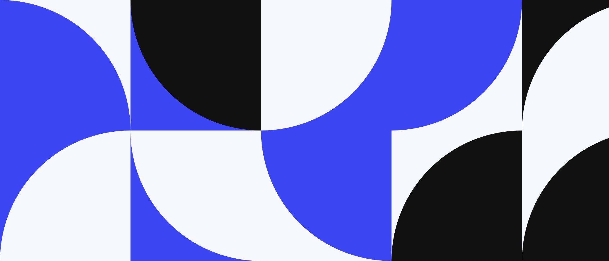 Abstract artwork: square tiles with quarter circles in blue, black and white.