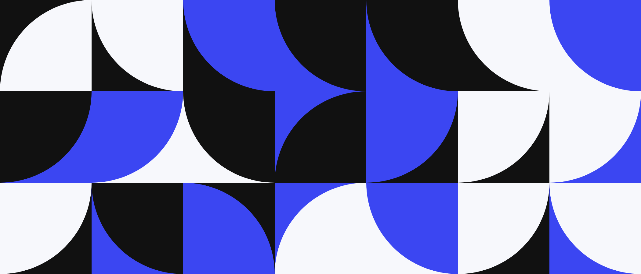 Abstract artwork: square tiles with quarter circles in blue, black and white.
