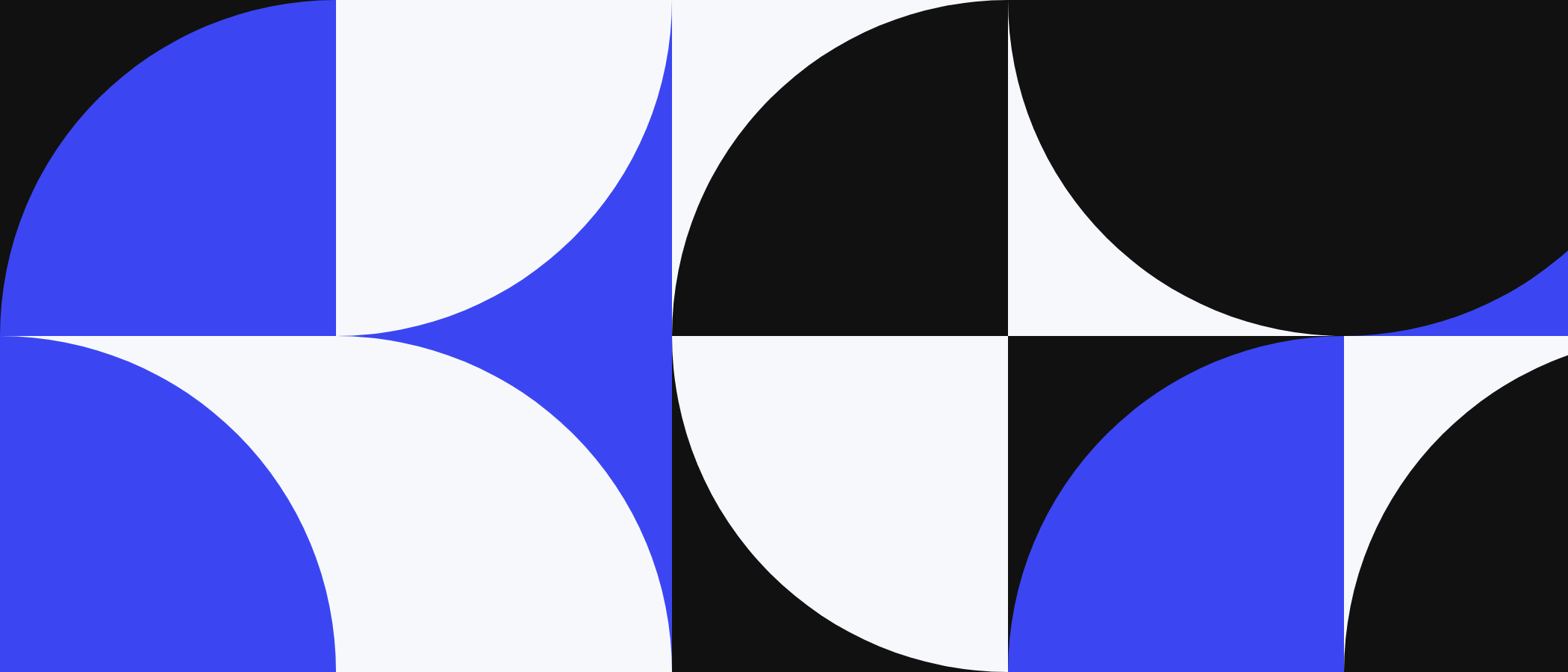 Abstract artwork: square tiles with quarter circles in blue, black and white.