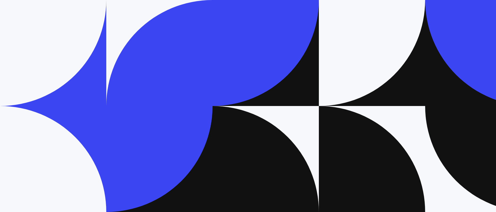 Abstract artwork: square tiles with quarter circles in blue, black and white.