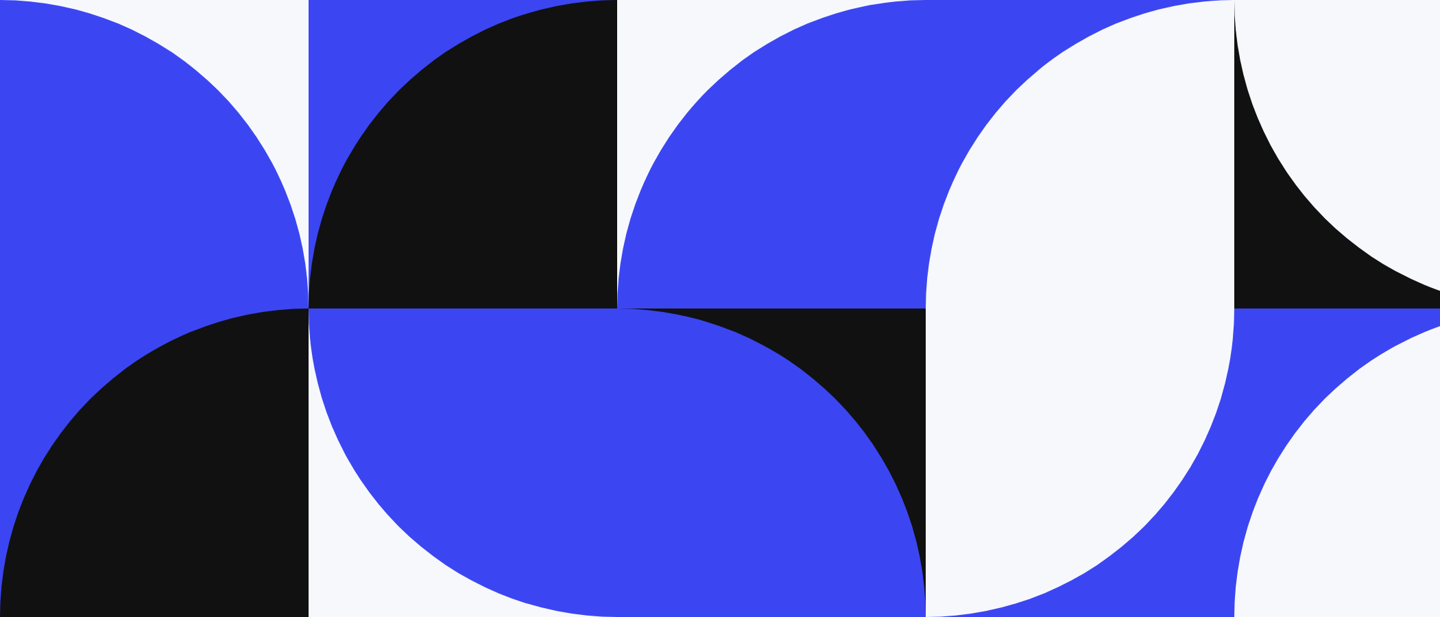 Abstract artwork: square tiles with quarter circles in blue, black and white.