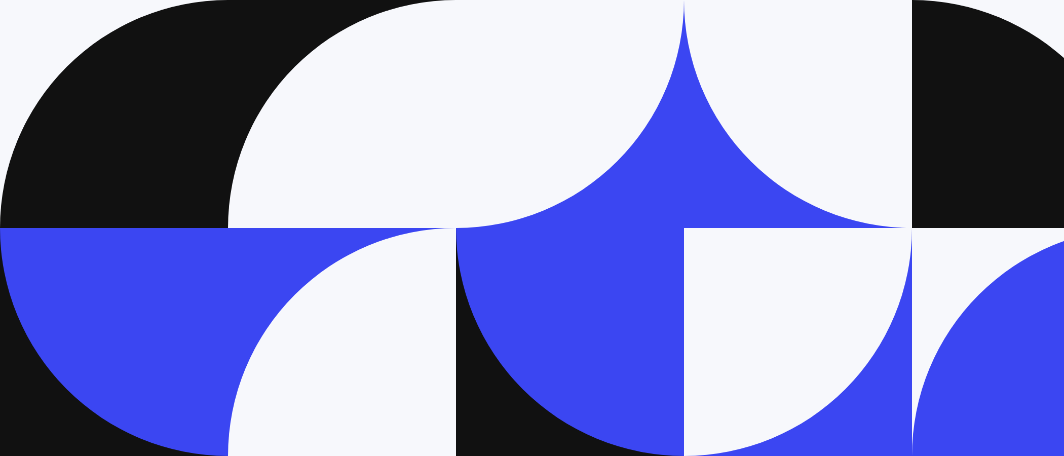 Abstract artwork: square tiles with quarter circles in blue, black and white.