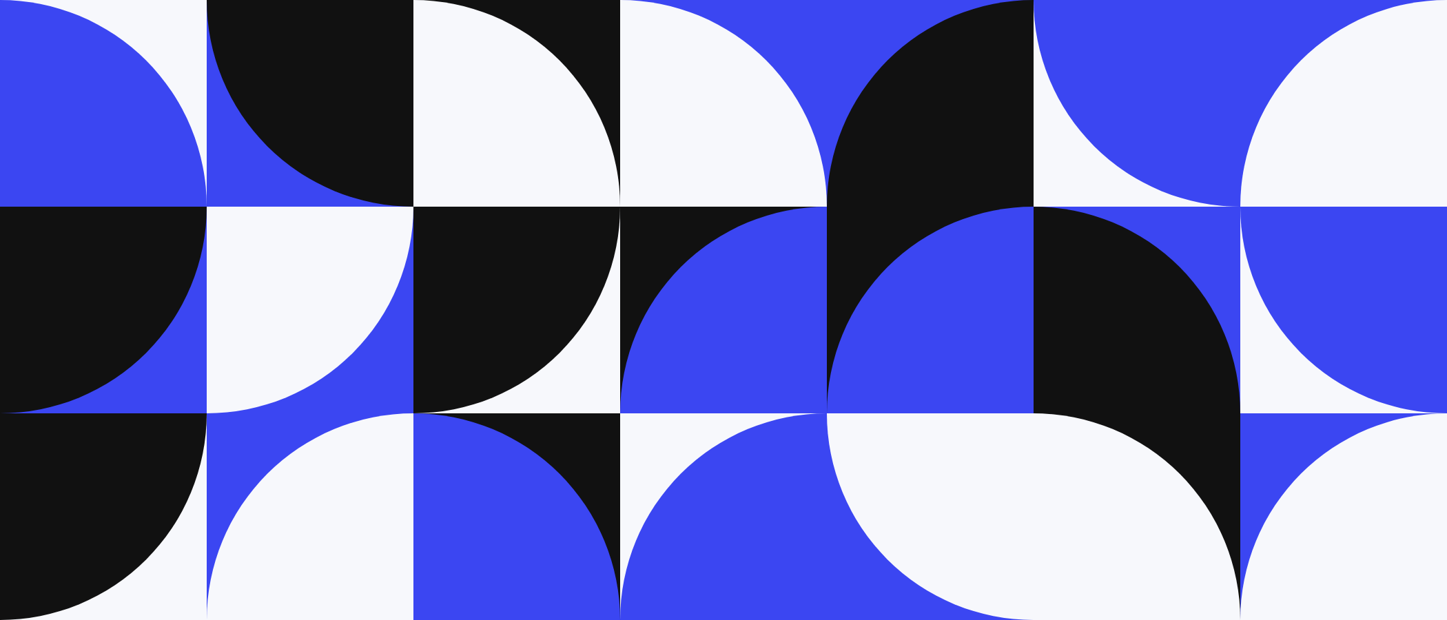 Abstract artwork: square tiles with quarter circles in blue, black and white.
