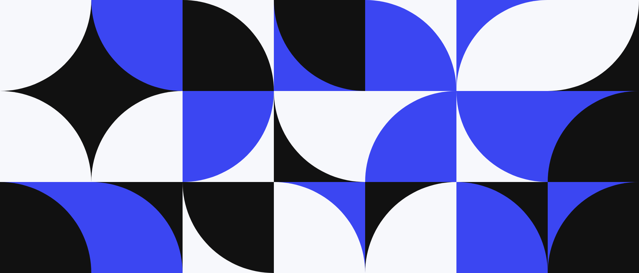 Abstract artwork: square tiles with quarter circles in blue, black and white.