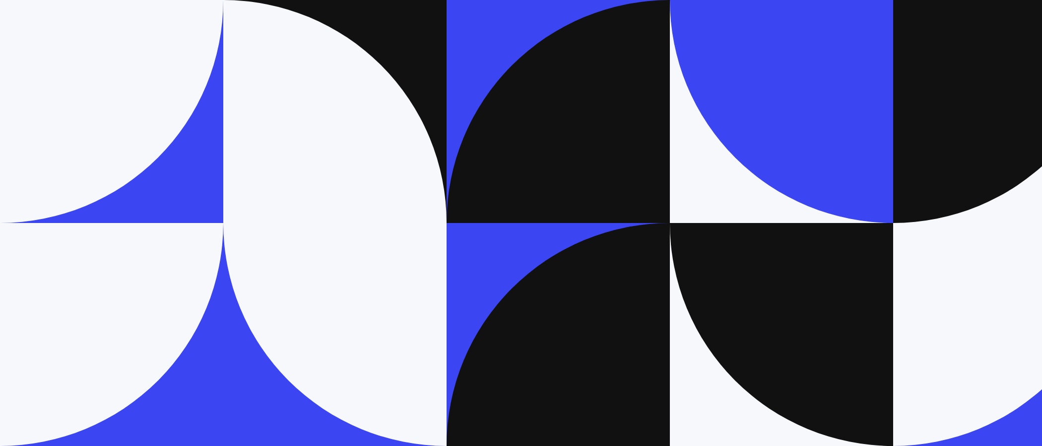 Abstract artwork: square tiles with quarter circles in blue, black and white.