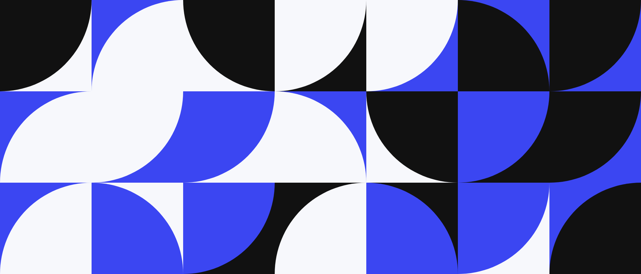 Abstract artwork: square tiles with quarter circles in blue, black and white.