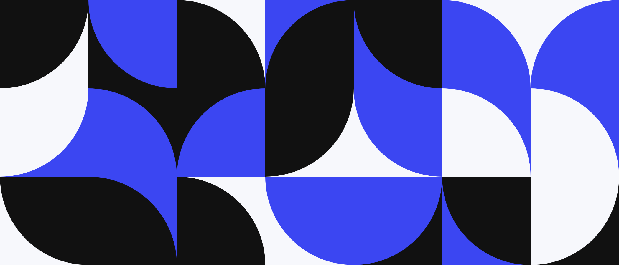Abstract artwork: square tiles with quarter circles in blue, black and white.