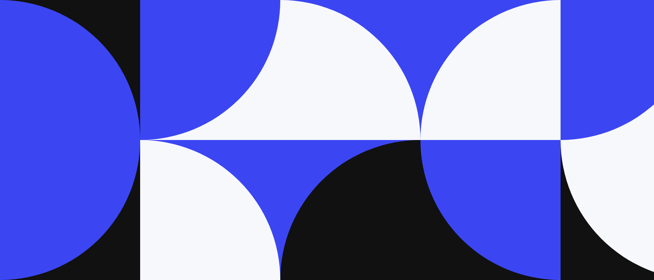 Abstract artwork: square tiles with quarter circles in blue, black and white.