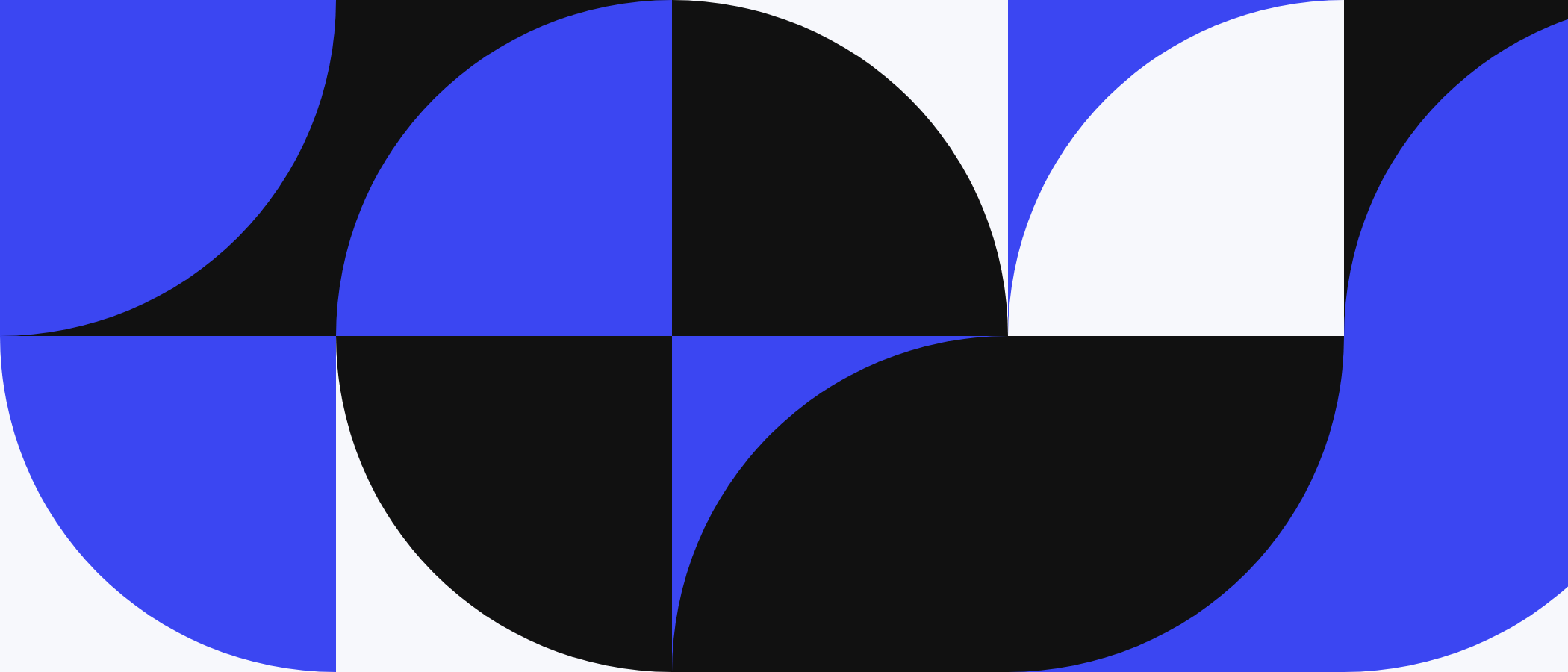Abstract artwork: square tiles with quarter circles in blue, black and white.