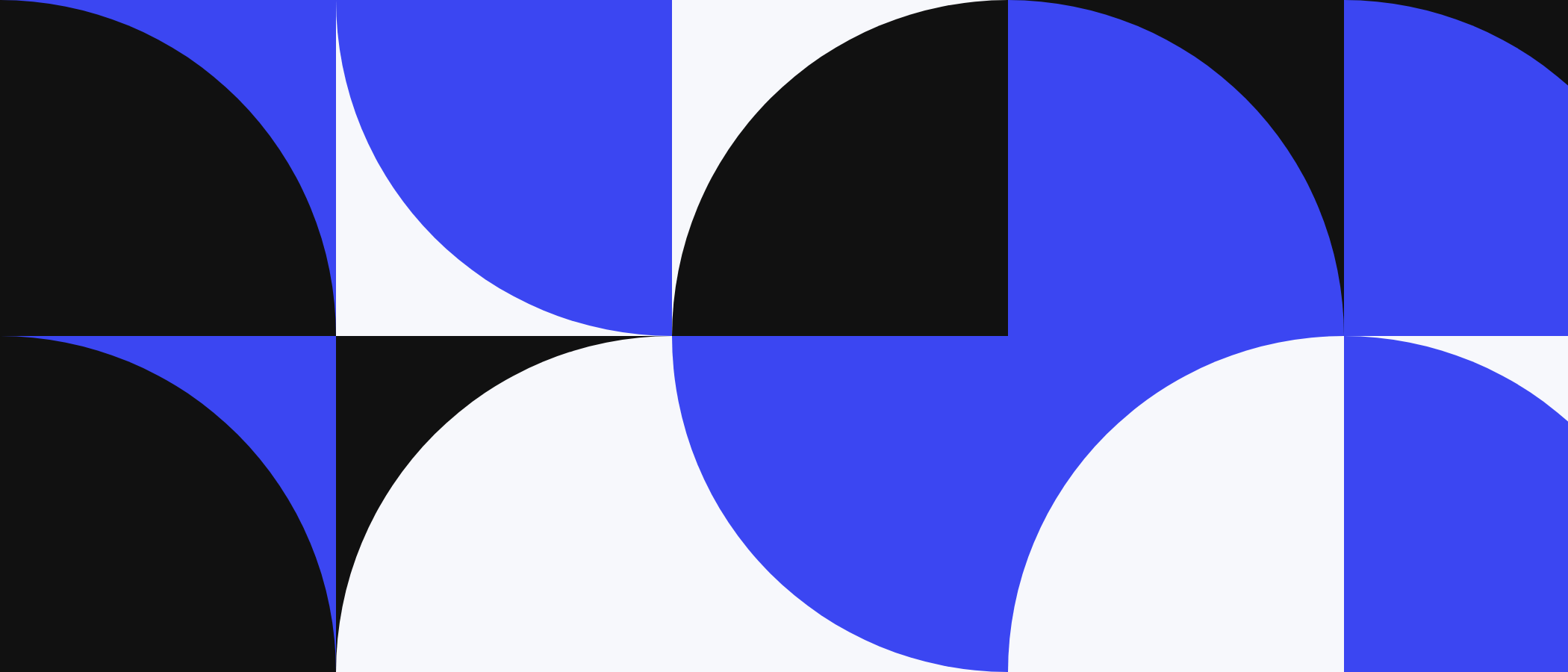 Abstract artwork: square tiles with quarter circles in blue, black and white.