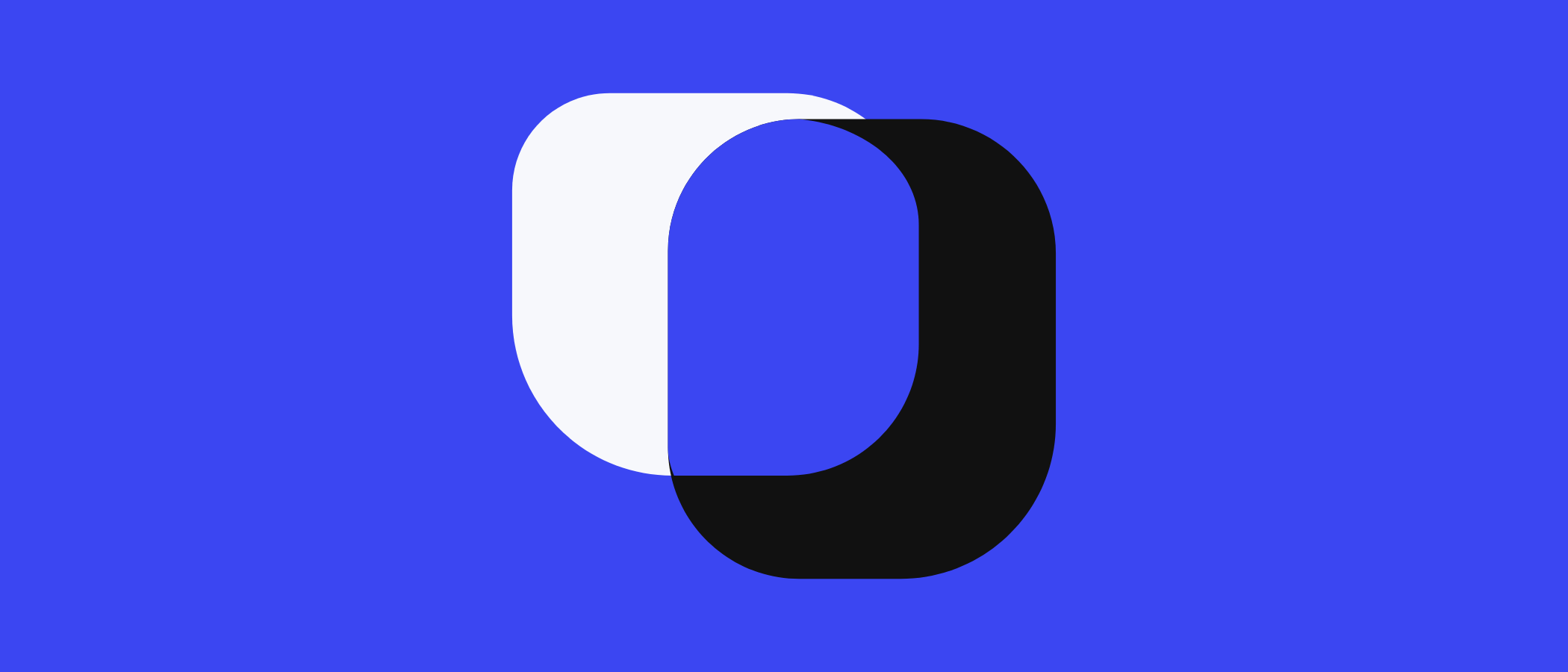 Two overlapping shapes, one light and one dark, on a blue background.